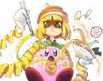  1boy 1girl al_bhed_eyes arms_(game) bangs beanie blonde_hair blunt_bangs blush_stickers bob_cut bowl chinese_clothes chopsticks commentary_request disconnected_mouth eating egg facing_viewer feeding food gloves hand_up hardboiled_egg hat highres holding holding_bowl holding_chopsticks kamaboko kirby kirby_(series) knit_hat mandarin_collar min_min_(arms) multicolored multicolored_clothes multicolored_headwear narutomaki nendo23 noodles nori_(seaweed) orange_headwear pink_skin ramen short_hair simple_background spoon star_(symbol) super_smash_bros. white_background white_gloves wide_oval_eyes 