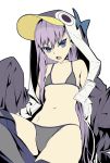  1girl bangs bikini blue_bow blue_eyes bow choker eyebrows_visible_through_hair fate/grand_order fate_(series) flat_chest flat_color grey_bikini grey_choker hair_between_eyes highres long_hair long_sleeves meltryllis meltryllis_(swimsuit_lancer)_(fate) navel open_mouth purple_hair simple_background sjw_kazuya sleeves_past_fingers sleeves_past_wrists solo straight_hair swimsuit tsurime very_long_hair white_background 