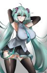  absurdres aqua_hair arms_behind_head blush breasts detached_sleeves grey_shirt hair_between_eyes hair_ornament_removed hatsune_miku highres kyle_(kysizzle) large_breasts necktie shirt skirt tagme thighhighs twintails vocaloid 
