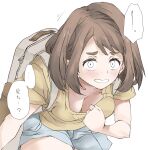  1girl accidental_pervert backpack bag bent_over boku_no_hero_academia breasts brown_hair casual cleavage covering covering_breasts denim denim_shorts downblouse elf_(stroll_in_the_woods) embarrassed light_blush looking_at_viewer medium_breasts open_mouth shirt short_eyebrows short_hair shorts simple_background solo teeth thick_eyebrows translated uraraka_ochako white_background yellow_shirt 