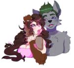  alpha_channel anthro asian_mythology brown_body brown_fur canid canine canis chanette_(capuccinichan) cumberlandsheepdog domestic_dog duo east_asian_mythology female fox fox_spirit fur green_hair grey_body hair hi_res husky male male/female mammal mythology niina-xan_(artist) nordic_sled_dog pink_eyes pink_nose pink_tongue spitz tan_body tan_fur tan_skin tongue wolf 