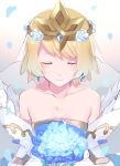  1girl bare_shoulders blonde_hair blue_flower blue_hair bouquet bridal_veil bride bride_(fire_emblem) closed_eyes closed_mouth collarbone crown dress earrings fire_emblem fire_emblem_heroes fjorm_(fire_emblem) flower gradient_hair hair_between_eyes hair_flower hair_ornament highres holding holding_bouquet jewelry multicolored_hair petals sakuramotikun short_hair simple_background smile solo veil wedding_dress white_background white_dress 