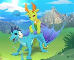  2020 absurd_res airfly-pony2014 airly-pony cloud day digital_media_(artwork) dragon friendship_is_magic hasbro hi_res horn mountain my_little_pony open_mouth outside princess_ember_(mlp) thorax_(mlp) wings 