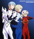  3boys ayanami_rei ayanami_rei_(cosplay) blonde_hair blue_eyes blue_hair chirico_cuvie copyright_name cosplay crossover fubuki_(fakemonkey0224) glenborash_droka_zaki green_eyes grey_hair hand_on_hip highres ikari_shinji ikari_shinji_(cosplay) multiple_boys neon_genesis_evangelion painttool_sai_(medium) photoshop_(medium) plugsuit soukou_kihei_votoms soukou_kihei_votoms:_pailsen_files souryuu_asuka_langley souryuu_asuka_langley_(cosplay) yellow_eyes ypsilon 