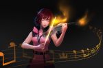  1girl absurdres belt closed_eyes dark_background glowing highres hood instrument jewelry kairi_(kingdom_hearts) kingdom_hearts kingdom_hearts_melody_of_memory mattikarp music musical_note necklace playing_instrument red_hair short_hair sleeveless solo upper_body violin violin_bow zipper 