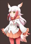  1girl :o bangs blunt_bangs blush commentary_request eyebrows_visible_through_hair fur_collar gloves head_wings japanese_crested_ibis_(kemono_friends) kemono_friends long_hair long_sleeves misashi_(raichi821) multicolored_hair open_mouth orange_skirt pantyhose pleated_skirt red_gloves red_hair red_legwear shiny shiny_hair shirt skirt solo tail two-tone_hair white_hair yellow_eyes 