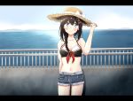  1girl ahoge any_(lucky_denver_mint) bikini bikini_top black_bikini black_hair black_shorts blue_eyes braid collarbone commentary_request cowboy_shot cropped_legs dated day denim denim_shorts hair_flaps hair_ornament hair_over_shoulder hat horizon kantai_collection letterboxed looking_at_viewer navel ocean outdoors railing remodel_(kantai_collection) shigure_(kantai_collection) shorts single_braid smile solo standing straw_hat sun_hat swimsuit 