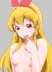  1girl aikatsu!_(series) areolae bangs blonde_hair blush bow breasts collarbone commentary_request eyebrows_visible_through_hair eyelashes finger_to_tongue grey_background hairband hand_up hoshimiya_ichigo long_hair looking_at_viewer nipples nude red_eyes red_hairband shiny shiny_hair shiny_skin sidelocks solo tongue tongue_out torso yonekura_hisaki 