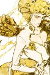  1boy bare_chest blonde_hair closed_mouth earrings fingernails giorno_giovanna glint gold_experience hand_on_hip highres jewelry jojo_no_kimyou_na_bouken male_focus medium_hair mitus parted_lips solo stand_(jojo) upper_body yellow_eyes yellow_theme 