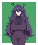  1girl ? ahoge al_bhed_eyes bangs border breasts closed_mouth commentary_request dokuropg dress green_background grey_eyes hair_between_eyes hairband hex_maniac_(pokemon) huge_breasts light_blush long_hair looking_at_viewer messy_hair pokemon pokemon_(game) pokemon_xy purple_dress purple_hair purple_hairband smile solo very_long_hair white_border 