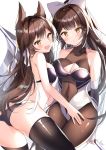  2girls :d absurdres animal_ears armpit_crease ass atago_(azur_lane) atago_(stunning_speedster)_(azur_lane) azur_lane bare_arms bare_shoulders bikini black_bikini black_legwear bodysuit bow breasts brown_eyes brown_hair brown_legwear checkered checkered_flag cleavage collarbone covered_navel elbow_gloves fingerless_gloves flag from_behind gloves hair_bow hair_ribbon hand_on_another&#039;s_thigh highres holding large_breasts leaning_forward long_hair looking_at_viewer looking_back multiple_girls nenobi_(nenorium) open_mouth ponytail race_queen revealing_clothes ribbon smile sweat swimsuit takao_(azur_lane) takao_(full_throttle_charmer)_(azur_lane) thighhighs thighs very_long_hair 