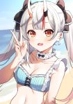 absurdres beach blush breasts cleavage collarbone hair_between_eyes hair_ornament highres hololive horns looking_at_viewer nakiri_ayame oni_horns open_mouth portrait red_eyes silver_hair sky small_breasts swimsuit syhan twintails v virtual_youtuber 