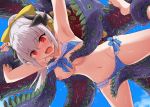  1girl armpits bangs bare_shoulders bikini blue_bikini blush bow breasts cleavage collarbone dragon_girl dragon_horns fate/grand_order fate_(series) hair_bow hair_ornament highres horns kiyohime_(fate/grand_order) kiyohime_(swimsuit_lancer)_(fate) large_breasts long_hair marugoshi_(54burger) monster multiple_horns navel nipples ponytail red_eyes restrained silver_hair swimsuit tentacles thighs yellow_bow 