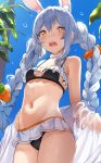  1girl animal_ears bikini bikini_skirt black_bikini blue_hair blue_sky braid breasts bunny_ears carrot d: eyebrows hews_hack highres hololive midriff navel open_mouth orange_eyes see-through sky small_breasts solo swimsuit twin_braids usada_pekora virtual_youtuber water_drop 