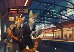  2020 anthro bottomwear canid canine city clothing detailed_background duo felid feline food jacket mammal map open_mouth orphen-sirius pants station stick topwear 