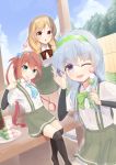  3girls aqua_neckwear arm_warmers asagumo_(kantai_collection) bangs bike_shorts black_legwear blush bow bowtie braid brown_eyes brown_hair clip_studio_paint_(medium) dango eating eyebrows_visible_through_hair food green_eyes green_neckwear grey_hair hair_ribbon hairband highres kantai_collection kneeling light_brown_hair long_hair metadio minegumo_(kantai_collection) multiple_girls one_eye_closed open_mouth outdoors purple_eyes red_neckwear ribbon sanshoku_dango school_uniform single_braid sitting skirt sky suspender_skirt suspenders twin_braids wagashi yamagumo_(kantai_collection) 