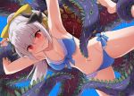  1girl armpits bangs bare_shoulders bikini blue_bikini blush bow breasts cleavage collarbone dragon_girl dragon_horns fate/grand_order fate_(series) hair_bow hair_ornament highres horns kiyohime_(fate/grand_order) kiyohime_(swimsuit_lancer)_(fate) large_breasts long_hair marugoshi_(54burger) monster multiple_horns navel ponytail red_eyes restrained silver_hair swimsuit tentacles thighs yellow_bow 