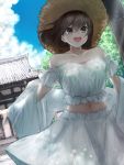  1girl absurdres bangs bare_shoulders blue_sky blush brown_eyes brown_hair cloud collarbone day eyebrows_visible_through_hair hat highres midriff navel open_mouth original outdoors short_hair short_sleeves skirt sky solo straw_hat summer ta938_ka23 temple white_skirt 