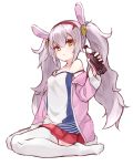  1girl absurdres animal_ears azur_lane bangs bottle bunny_ears camisole closed_mouth cola eyebrows_visible_through_hair fake_animal_ears full_body hair_between_eyes highres holding holding_bottle jacket laffey_(azur_lane) long_hair long_sleeves no_shoes off_shoulder open_clothes open_jacket pink_jacket pleated_skirt red_skirt simple_background sitting skirt solo strap_slip ta938_ka23 thighhighs twintails white_background white_hair white_legwear yellow_eyes 