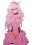  1girl bare_shoulders blush breasts collarbone dress elbow_gloves girls_frontline gloves highres katagiri_ags long_hair looking_at_viewer medium_breasts neck_ribbon red_eyes ribbon smile solo thigh_gap tokarev_(girls_frontline) very_long_hair wedding_dress white_hair 