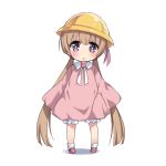  1girl absurdres bloomers brown_hair child dress full_body hat highres kindergarten_uniform long_hair low_twintails mary_janes open_mouth pink_dress pink_eyes pink_footwear ribbon school_hat shoes short_dress simple_background sleeves_past_wrists socks solo tamase_tama tsukuyomi_ai twintails underwear very_long_hair voiceroid white_background white_footwear yellow_headwear 
