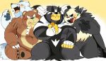  2020 anthro beartic black_body black_fur blush brown_body brown_fur bulge cute_fangs eating eyes_closed fur group honey humanoid_hands hyaku_(artist) kemono leaf legendary_pok&eacute;mon male nintendo overweight overweight_male pangoro pok&eacute;mon pok&eacute;mon_(species) sitting tongue tongue_out ursaring urshifu video_games white_body white_fur 