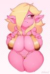 absurd_res big_breasts bikini blonde_hair breasts camel_toe clothing female goblin hair hair_over_eye hi_res holding_breast hotkeke1 humanoid leppi_(hotkeke1) nipple_outline not_furry one_eye_obstructed pink_body pink_skin short_stack solo swimwear thick_thighs wide_hips 