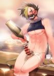  1boy alcohol arm_support azazel_(megido72) bar_censor black_hair blush bottle censored collar cup drinking_glass erection fundoshi fundoshi_aside highres japanese_clothes long_hair looking_at_viewer male_focus male_pubic_hair male_underwear mask megido72 multicolored_hair nipples nishikimaru onsen penis pouring precum pubic_hair rokushaku_fundoshi sake sake_bottle scar scar_across_eye shirt_lift solo spiked_hair steam streaked_hair thighs underwear very_long_hair wakamezake wine_glass 