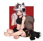  1girl absurdres animal_ears_helmet arknights barefoot boridongja brown_eyes brown_hair fire_helmet fire_jacket firefighter footwear_removed highres indian_style jacket jacket_removed midriff shaw_(arknights) short_hair sitting soles solo squirrel_girl squirrel_tail sweat tail tank_top towel 