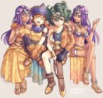  4girls :d alena_(dq4) anklet armlet black_legwear boots bracelet breasts brown_dress brown_eyes brown_footwear brown_gloves brown_hair choker circlet closed_eyes collarbone commentary_request curly_hair dark_skin dragon_quest dragon_quest_iv dress earrings english_text engrish_text gloves green_hair grey_background hand_on_another&#039;s_shoulder heroine_(dq4) highres jewelry laughing leggings long_hair mahoshiki manya medium_breasts metal_bikini midriff minea multiple_girls navel open_mouth pelvic_curtain pointy_hat purple_eyes purple_hair purple_legwear ranguage sandals short_hair simple_background single_bare_shoulder single_sleeve sitting sleeveless sleeveless_dress smile sweatdrop toe_ring 