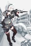  1girl absurdres animal_ears bangs black_footwear black_gloves black_shirt black_shorts blue_eyes boots breasts brown_legwear building car cleavage commentary cross-laced_footwear day gloves grey_jacket ground_vehicle gun highres holding holding_gun holding_weapon jacket konotuki lace-up_boots long_sleeves looking_away medium_breasts motor_vehicle open_clothes open_jacket original outdoors parted_lips partly_fingerless_gloves romaji_commentary shirt short_shorts shorts silver_hair solo standing thighhighs trigger_discipline weapon weapon_request 