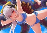  1girl armpits bangs bare_shoulders bikini blue_bikini blush bow breasts cleavage collarbone dragon_girl dragon_horns fate/grand_order fate_(series) hair_bow hair_ornament highres horns kiyohime_(fate/grand_order) kiyohime_(swimsuit_lancer)_(fate) large_breasts long_hair marugoshi_(54burger) monster multiple_horns navel ponytail red_eyes restrained silver_hair swimsuit tentacles thighs yellow_bow 