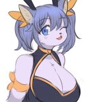  2020 anthro big_breasts blue_eyes blue_hair breasts cleavage clothed clothing felid feline female fur hair hi_res kemono looking_at_viewer mammal one_eye_closed open_mouth purple_body purple_fur simple_background snout solo sookmo white_background wink 