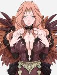  1girl bare_shoulders belt blue_eyes breasts brown_dress center_opening circlet cleavage cornelia_arnim cum cum_on_body cum_on_breasts cum_on_upper_body dress feathers fire_emblem fire_emblem:_three_houses forehead_jewel green_eyes hands_on_own_chest hands_over_breasts highres large_breasts lewdapplez long_hair looking_at_viewer navel nintendo pink_hair plunging_neckline simple_background smile smug solo tagme wet white_background 