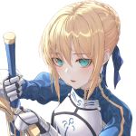  absurdres armor artoria_pendragon_(all) blonde_hair braid braided_bun breastplate eichi_(skskdi12z) excalibur eyebrows_visible_through_hair eyes_visible_through_hair fate/grand_order fate_(series) gauntlets green_eyes hair_between_eyes highres holding holding_sword holding_weapon looking_at_viewer open_mouth simple_background sword upper_body weapon white_background 