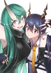  2girls arknights arm_over_shoulder armpits bangs blazer blue_hair breasts ch&#039;en_(arknights) cowboy_shot eyebrows_visible_through_hair fingerless_gloves gloves green_hair grey_eyes grin hair_between_eyes hair_over_one_eye hair_over_shoulder horns hoshiguma_(arknights) jacket long_hair looking_at_viewer multiple_girls necktie oni oni_horns pout purple_eyes simple_background smile standing v v-shaped_eyebrows very_long_hair white_background yuzuruka_(bougainvillea) 