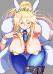  1girl animal_ears artoria_pendragon_(all) artoria_pendragon_(swimsuit_ruler)_(fate) bare_shoulders blonde_hair blue_legwear breasts bunny_ears bunnysuit crown fate/grand_order fate_(series) feather_boa fishnet_legwear fishnets green_eyes grey_background hair_between_eyes hand_on_hip hanging_breasts holster kikunosukemaru leaning_forward looking_at_viewer navel necktie poker_chip ponytail simple_background smile solo thigh_holster 