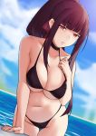 1girl arm_support bikini breasts bushidokuroi choker cloud collarbone dutch_angle eyebrows_visible_through_hair girls_frontline hair_ribbon halterneck hand_on_own_chest highres large_breasts long_hair navel parted_lips ponytail red_eyes ribbon sky solo swimsuit thigh_gap wa2000_(girls_frontline) water 
