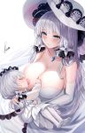  2girls azur_lane baby bare_shoulders black_legwear blue_eyes blush breast_feeding breasts cleavage closed_eyes closed_mouth collarbone commentary_request detached_collar detached_sleeves dress hat highres illustrious_(azur_lane) large_breasts little_illustrious_(azur_lane) long_hair long_sleeves mole mole_under_eye mother_and_daughter multiple_girls nipples one_breast_out pantyhose piukute062 see-through sidelocks signature silver_hair simple_background smile strapless strapless_dress sun_hat very_long_hair white_background white_dress white_headwear 
