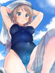  1girl blue_eyes breasts cameltoe competition_swimsuit highres legs light_brown_hair looking_at_viewer love_live! love_live!_sunshine!! medium_breasts one-piece_swimsuit robin16 school_swimsuit swimsuit undressing watanabe_you 