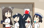  4girls alternate_costume black_hair bob_cut closed_eyes commentary_request daitou_(kantai_collection) dated ghost hair_over_one_eye hair_ribbon hamu_koutarou hat hayashimo_(kantai_collection) high_ponytail highres hime_cut hiyou_(kantai_collection) kantai_collection long_hair multiple_girls pants red_eyes red_pants ribbon sailor_hat shirt short_hair t-shirt track_pants very_long_hair white_headwear white_shirt 