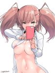  1girl areola_slip areolae atlanta_(kantai_collection) black_headwear breasts brown_hair cellphone commentary_request dress_shirt grey_eyes highres holding holding_phone kantai_collection large_breasts long_hair long_sleeves looking_at_phone navel open_clothes phone shirt simple_background solo takase_muu twitter_username two_side_up upper_body white_background white_shirt 