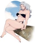  1girl abs absurdres barefoot bikini black_nails blue_sky breasts cleavage cloud cloudy_sky collarbone crossed_legs dorohedoro earrings feet grey_hair highres jewelry large_breasts long_hair looking_at_viewer messy_hair muscle muscular_female navel noi_(dorohedoro) o-ring o-ring_top orangekissess red_eyes side-tie_bikini sitting sky smile solo swimsuit toned 