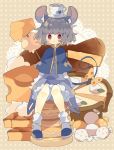 1girl :&lt; animal_ear_fluff animal_ears animal_print black_footwear blush bobby_socks bow capelet cheese cup dress food full_body grey_dress grey_hair highres jewelry long_sleeves looking_at_viewer mouse_ears mouse_print mouse_tail nazrin nikorashi-ka object_on_head pendant polka_dot polka_dot_bow red_eyes saucer shirt short_hair sitting sitting_on_food skewer socks solo tail tail_bow teacup touhou white_legwear white_shirt wrapped_candy yellow_bow 