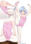  1girl absurdres armpits arms_up asymmetrical_bangs ballerina ballet ballet_leotard ballet_slippers bangs bare_arms bare_shoulders blue_hair blush breasts cameltoe collarbone covered_navel elliot_leucosia enjou_kouhai_oshiego_wa_elf_ryuu_ningyo_jinrou eyebrows_visible_through_hair flexible head_fins highres leotard looking_at_viewer multiple_views on_floor pantyhose purple_eyes short_hair simple_background small_breasts split standing standing_on_one_leg standing_split stretch takunomi white_background white_legwear wooden_floor 