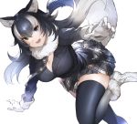  1girl animal_ear_fluff animal_ears bent_over black_hair black_jacket blazer blue_eyes breasts cleavage commentary eyebrows_visible_through_hair folded_leg foot_out_of_frame fur-trimmed_footwear fur_collar gloves gradient gradient_legwear grey_wolf_(kemono_friends) hair_between_eyes heterochromia highres jacket kemono_friends koruse large_breasts leg_up long_hair long_sleeves looking_at_viewer miniskirt multicolored multicolored_clothes multicolored_hair multicolored_legwear necktie open_mouth outstretched_arms plaid plaid_neckwear plaid_skirt simple_background skirt sleeve_cuffs solo standing standing_on_one_leg tail tail_raised teeth thighhighs two-tone_hair white_background white_footwear white_gloves white_hair yellow_eyes zettai_ryouiki 