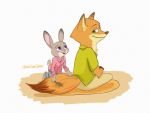  4:3 anthro bottomwear brushing_tail canid canine clothed clothing disney duo fox fully_clothed fur grey_body grey_fur judy_hopps lagomorph leporid mammal nick_wilde nklove3104 open_mouth open_smile orange_body orange_fur pants personal_grooming rabbit red_fox shirt simple_background sitting smile social_grooming topwear white_background zootopia 