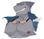  2019 abs anthro body_hair chest_hair clothing eyes_closed facial_hair fin fish male marine muscular muscular_anthro muscular_male nipples pecs peyton_(repzzmonster) repzzmonster shark sharp_teeth simple_background smile solo swimming_goggles teeth topwear white_background 