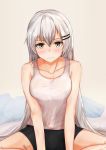  1girl absurdres black_shorts bow breasts brown_eyes collarbone girls_frontline hair_bow highres huge_filesize long_hair looking_at_viewer medium_breasts serious shirt shorts silver_hair simple_background sitting solo svd_(girls_frontline) svd_fun tagme white_shirt 