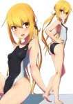  1girl :d alternate_costume ass blonde_hair blush collarbone comala_(komma_la) competition_swimsuit eyebrows_visible_through_hair groin hair_between_eyes highres kantai_collection long_hair low_twintails multiple_views one-piece_swimsuit open_mouth satsuki_(kantai_collection) simple_background smile swimsuit twintails white_background yellow_eyes 